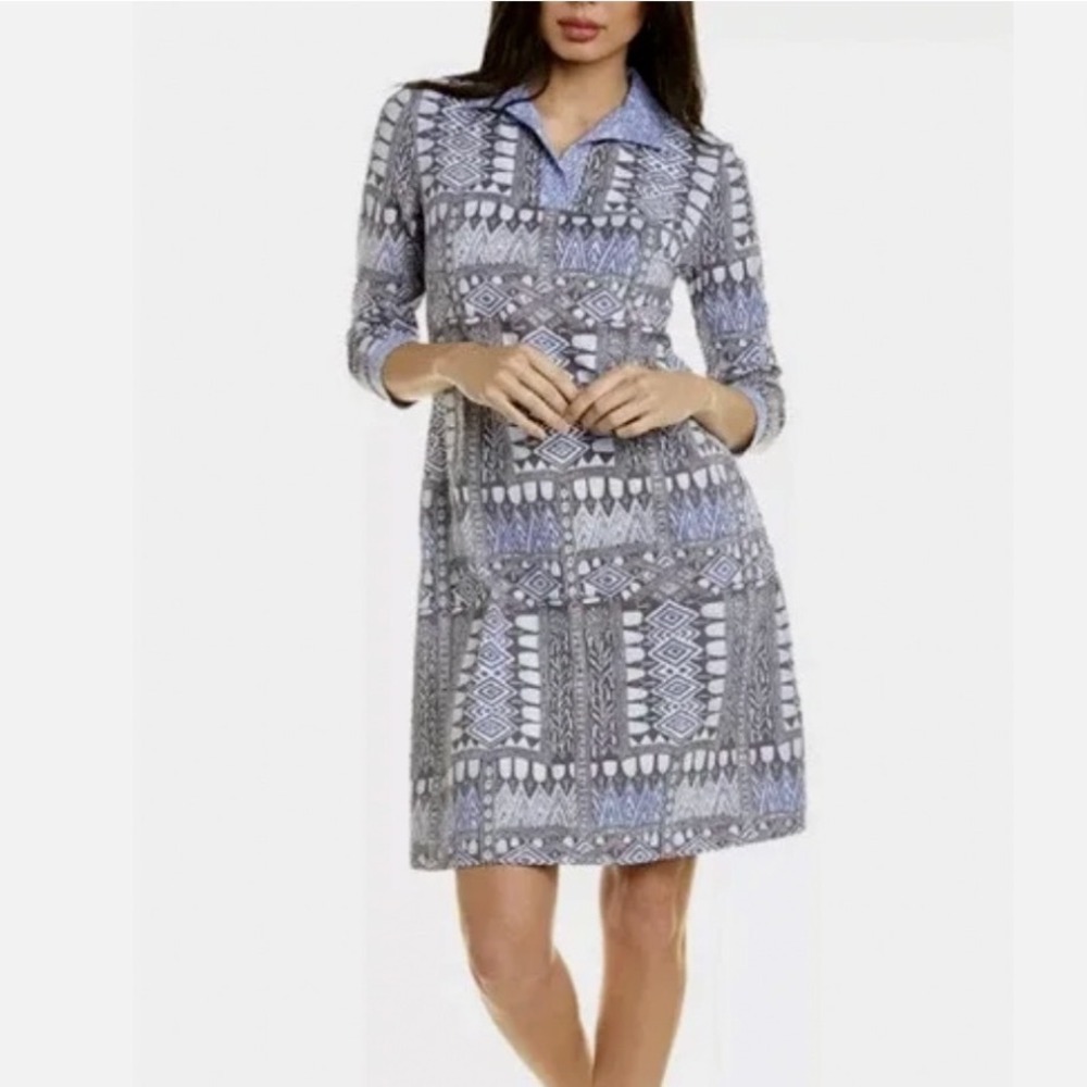 J. McLaughlin Charcoal Blue Aubina Tribal Print Dress Medium NWT Catalina Cloth